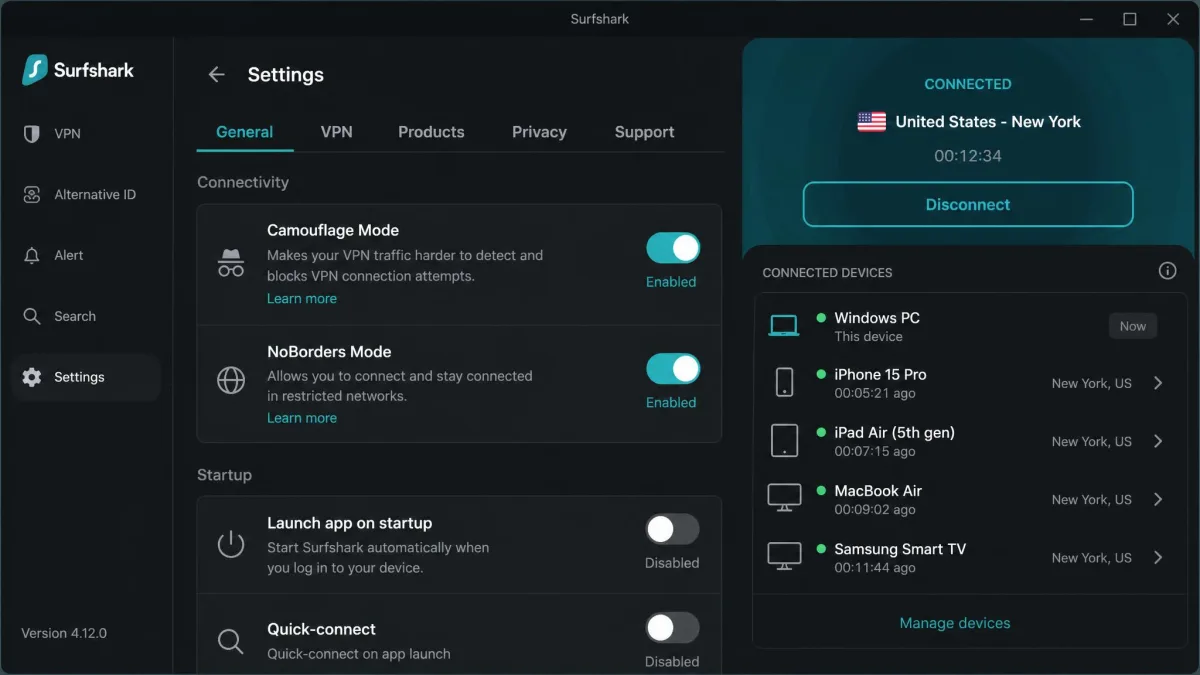 Surfshark desktop app settings screen with Camouflage Mode and NoBorders Mode toggles enabled, shown alongside a list of connected devices.