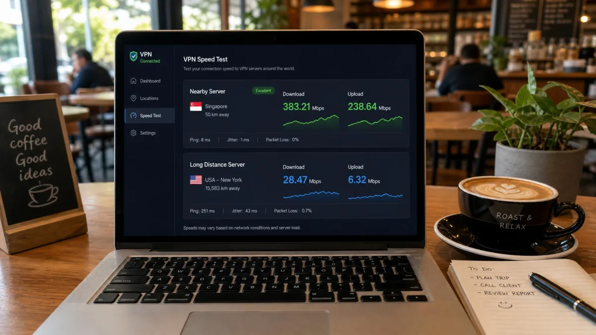 A laptop on a cafe table running a VPN speed test, showing download and upload results on a nearby server alongside a slower long-distance connection from Asia to the US.