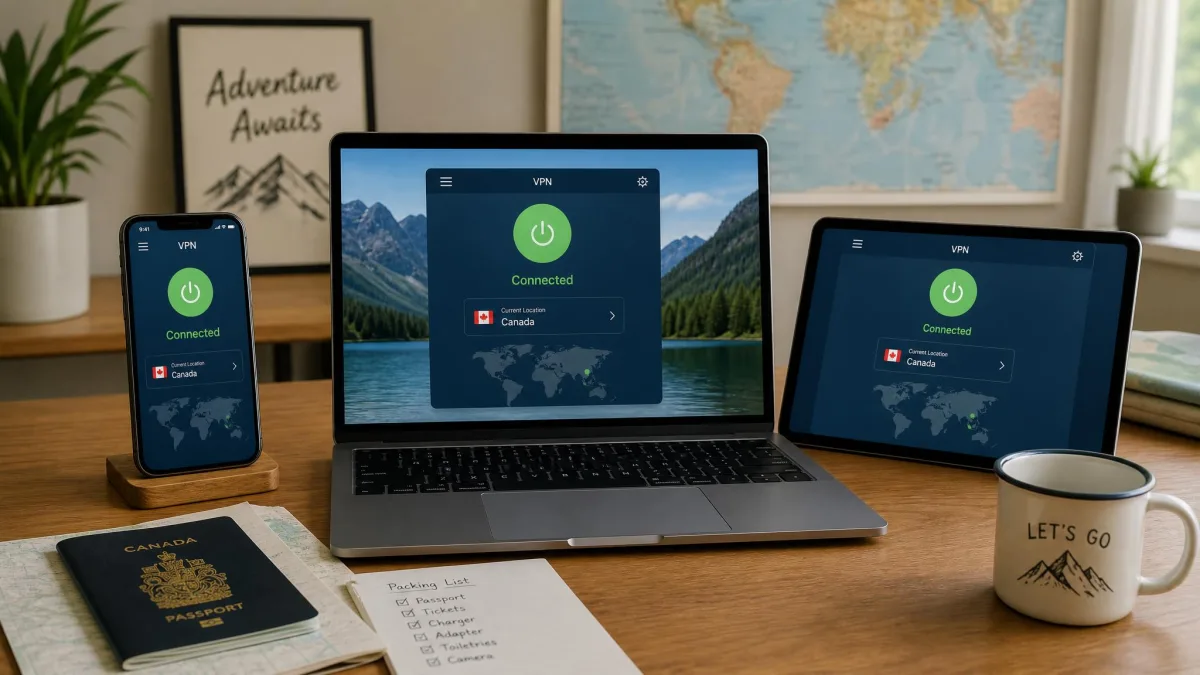 A phone, laptop, and tablet arranged on a desk at home, each showing a VPN app installed and connected, ready for an upcoming trip.