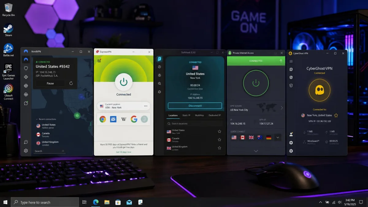 The desktop clients of NordVPN, ExpressVPN, Surfshark, Private Internet Access, and CyberGhost arranged side by side on a gaming desktop.
