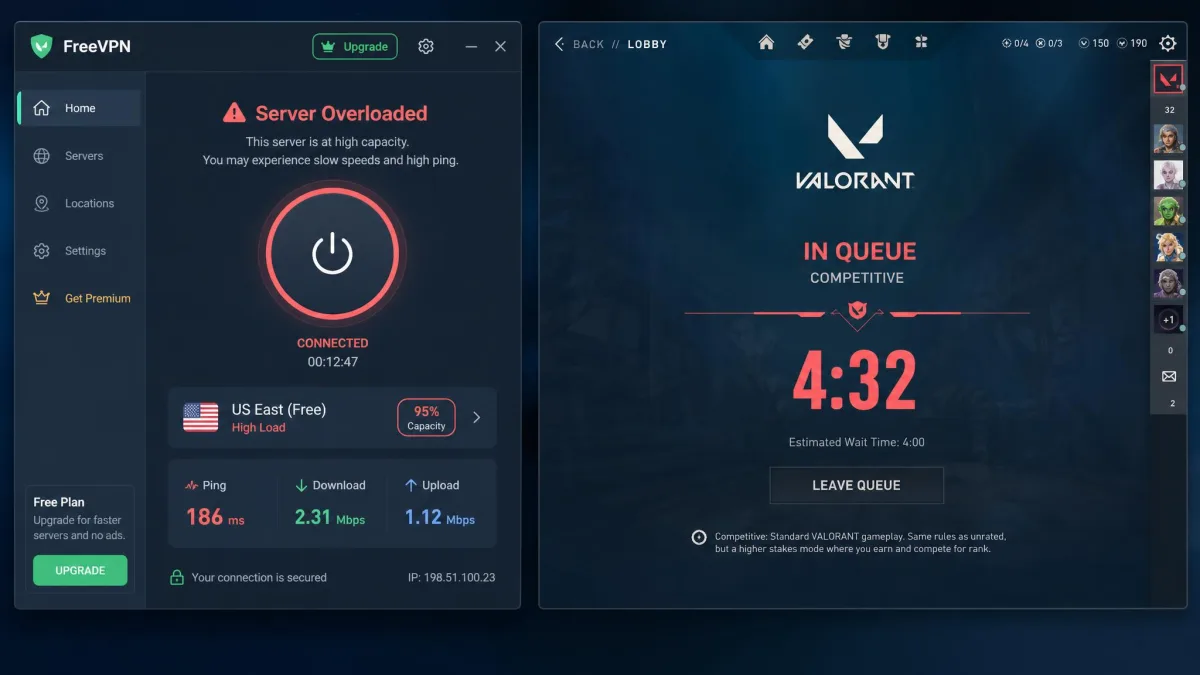A free VPN app showing an overloaded server at high user capacity with an elevated ping reading, next to a Valorant queue screen.