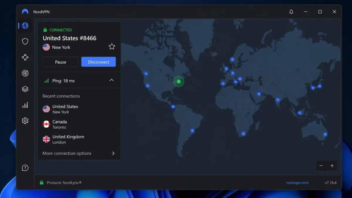 The NordVPN desktop app connected to a nearby server with the NordLynx protocol selected in settings and a low ping reading shown on the connection status.
