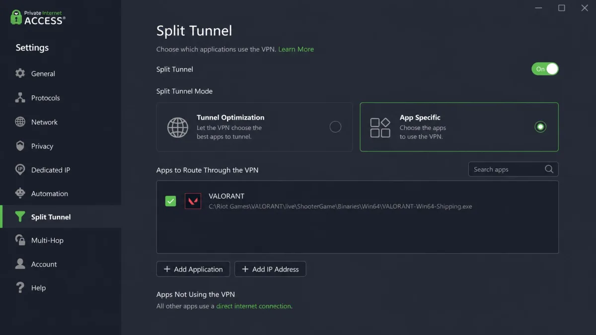Private Internet Access settings screen with per-app split tunneling enabled and only the Valorant executable selected to route through the VPN.