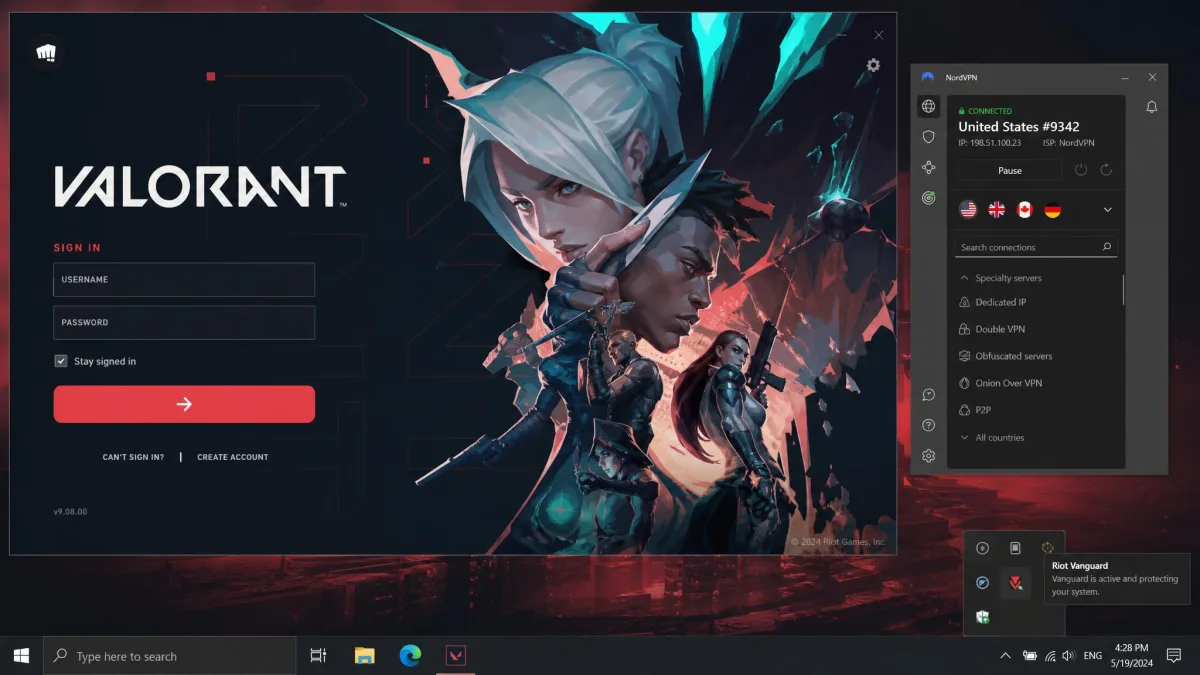 A Valorant login screen with the Riot Vanguard anti-cheat status icon active in the system tray while a VPN client shows a connected session.