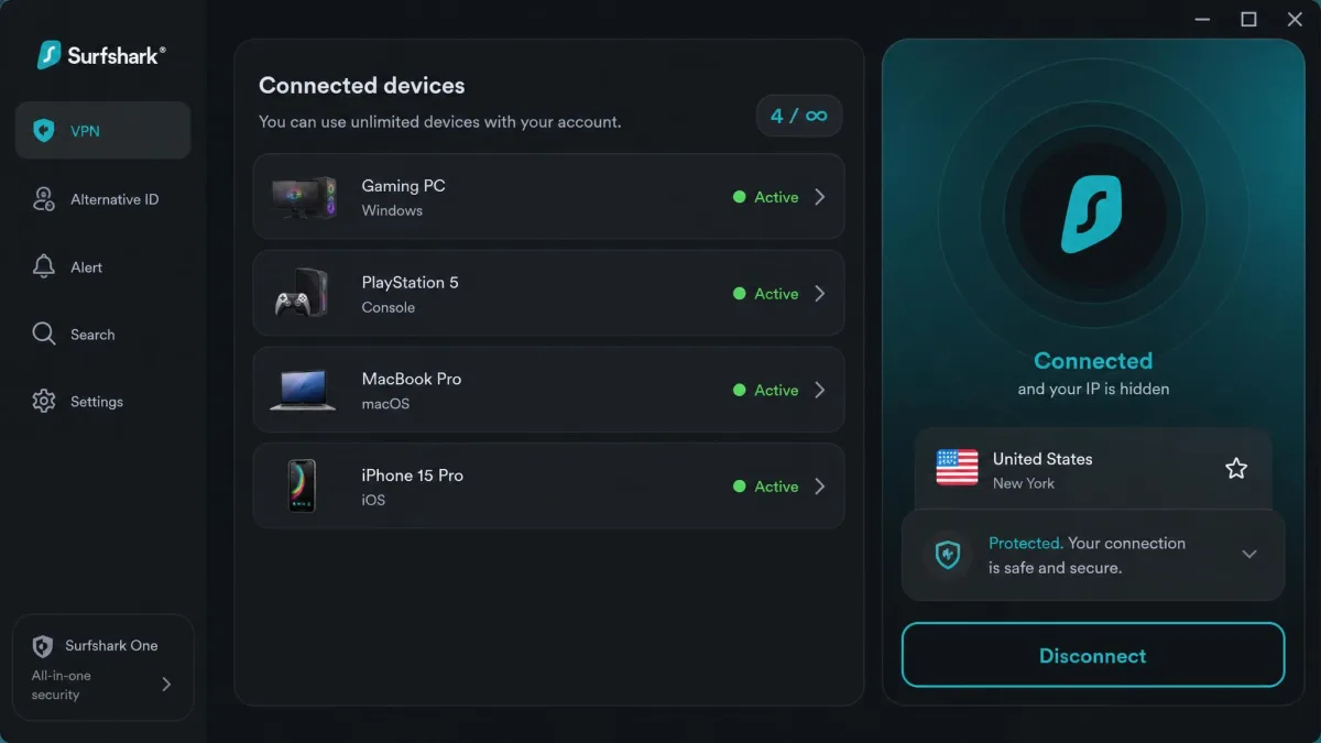 The Surfshark app showing multiple connected devices including a gaming PC, console, laptop, and phone all active on one account.