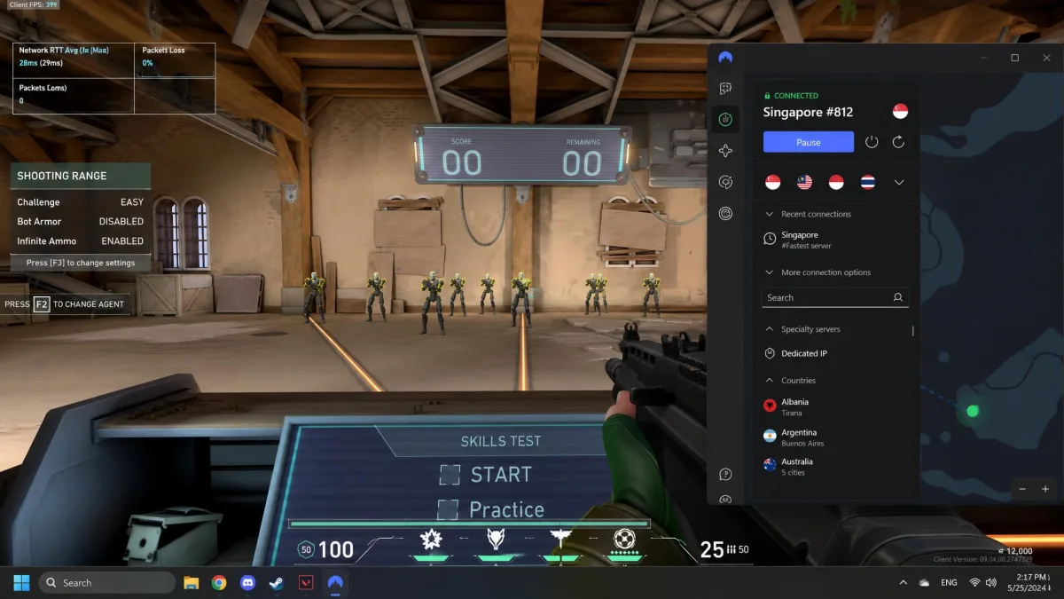 A Valorant practice range with an in-game network overlay showing ping and packet loss in the top corner, alongside a desktop VPN client connected to a nearby server.