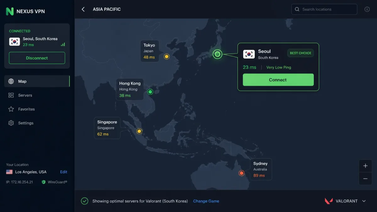 A VPN server map zoomed in on a player selecting a server near their Valorant region, with the nearest low-ping location highlighted.