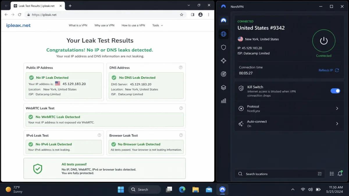 A leak-test results page confirming no IP or DNS leaks with a VPN kill switch enabled, shown in a browser next to the VPN client status.