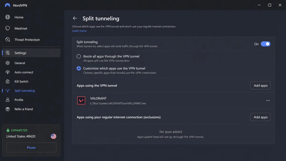 A VPN desktop client's split tunneling settings screen with the Valorant executable added to the list of apps routed through the tunnel.