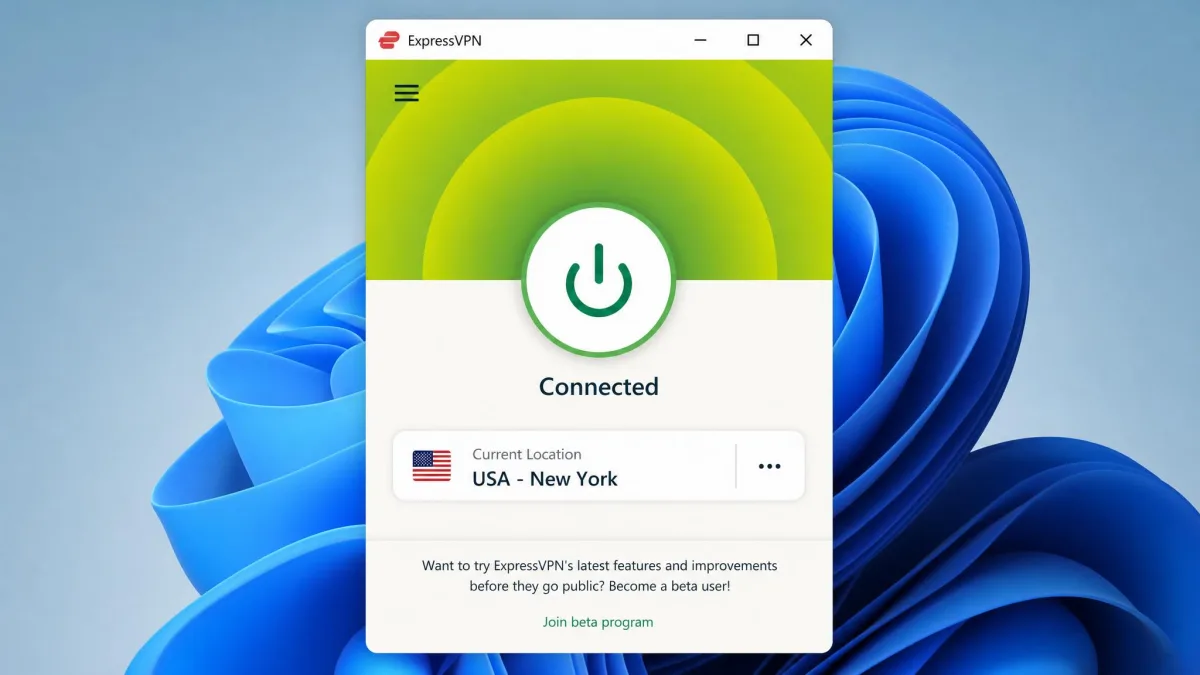 ExpressVPN's Windows app showing the large central connect button in a connected green state with a chosen server location displayed below it.