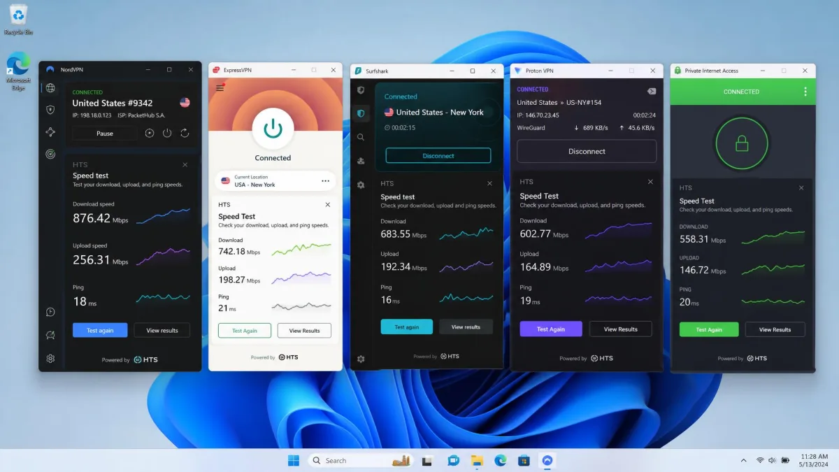 The Windows desktop apps for NordVPN, ExpressVPN, Surfshark, Proton VPN, and Private Internet Access shown side by side during HTS testing on Windows 11.