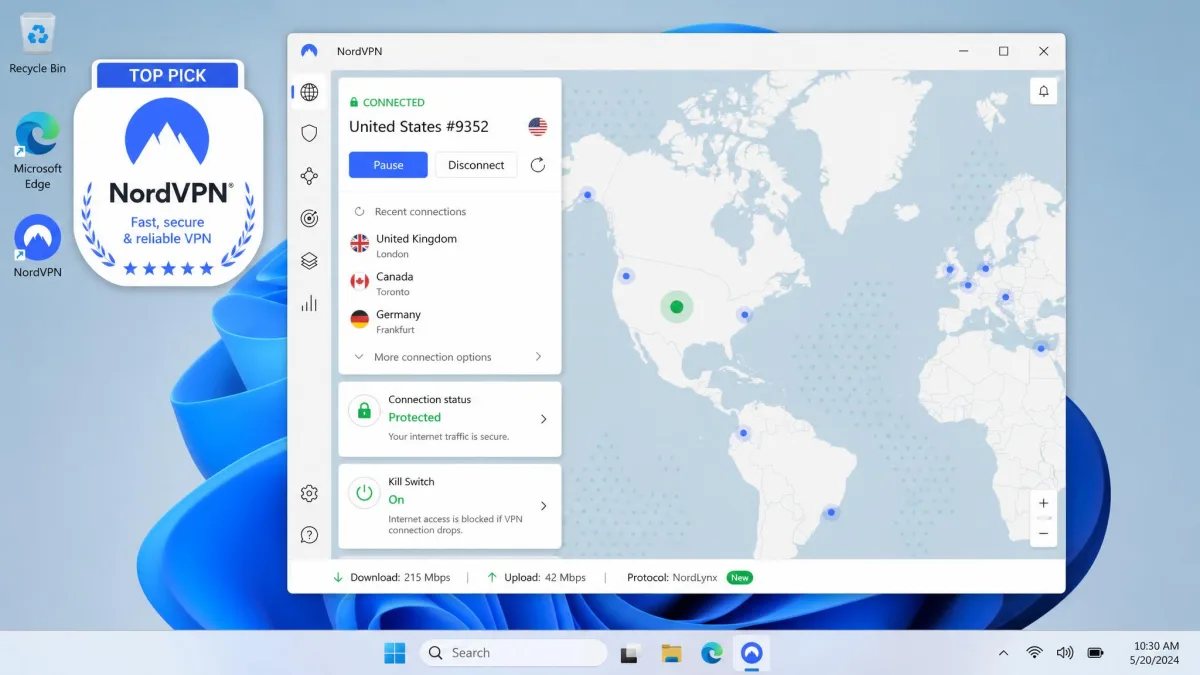 NordVPN connected on a Windows 11 desktop marked as the top pick, with the speed and kill switch status visible in the app.