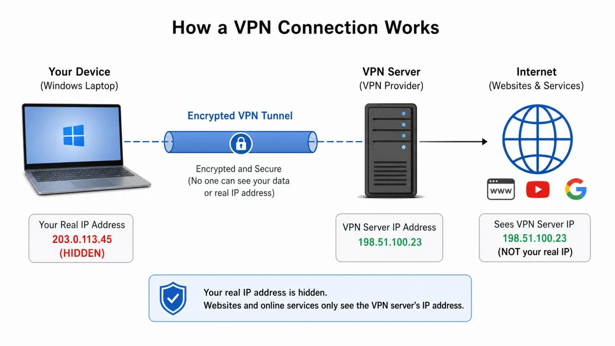 A simple diagram showing a Windows laptop connecting through an encrypted VPN tunnel to a VPN server and then to the internet, with the user's real IP address hidden.