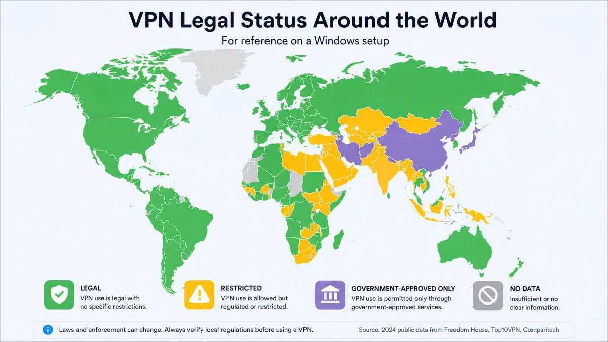 A simplified world map highlighting regions where VPN use is legal, restricted, or government-approved only, for reference on a Windows setup.