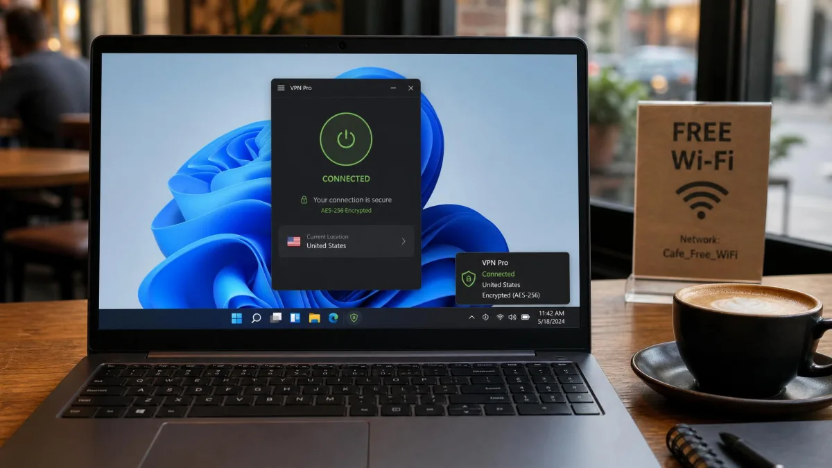A Windows laptop using a VPN on public cafe Wi-Fi, with the VPN app showing a connected, encrypted session in the system tray.