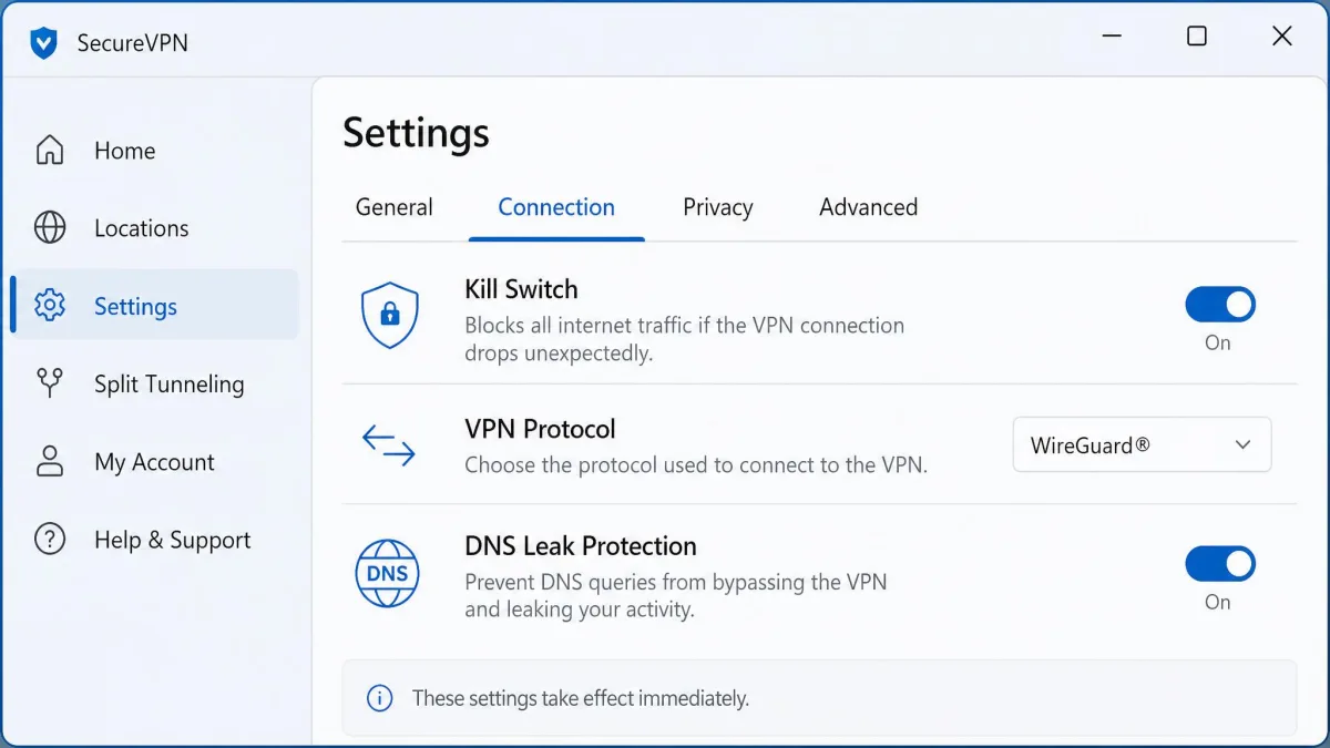 A close-up of a Windows VPN app settings panel showing the kill switch toggle enabled alongside protocol and DNS leak protection options.
