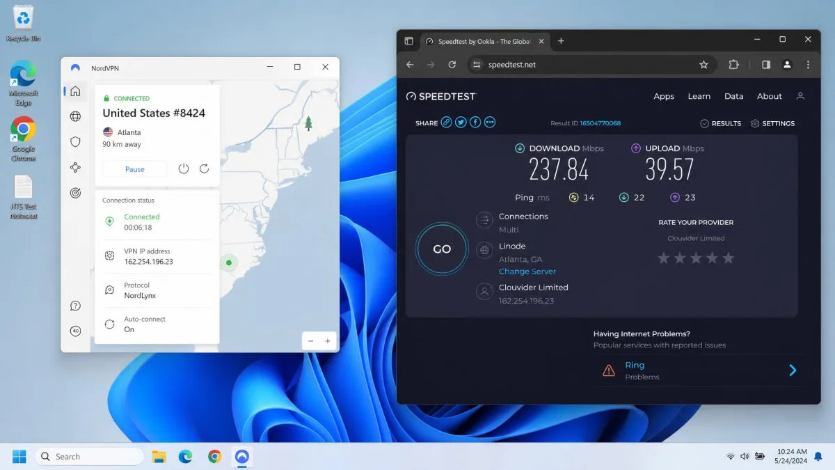 A Windows 11 desktop screen showing a VPN app connected to a nearby server next to an open browser-based speed test displaying download and upload results, used during HTS speed testing.