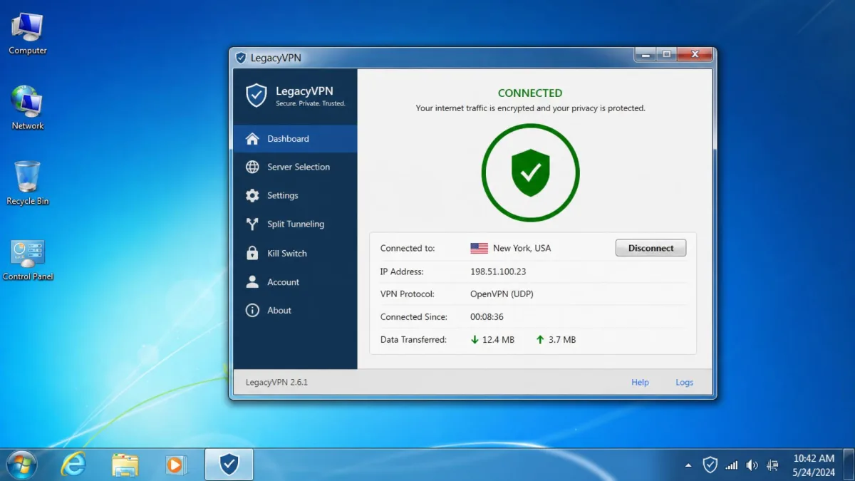 A VPN app running on an older Windows 7 desktop, illustrating legacy compatibility, with a connected session shown in the classic Windows interface.