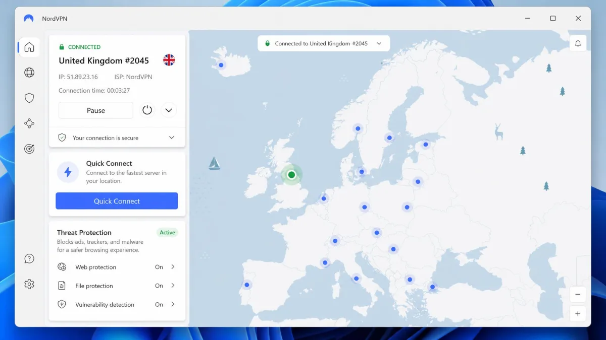 NordVPN's Windows 11 app showing a connected session on a nearby server with the map view, Quick Connect button, and Threat Protection panel visible.