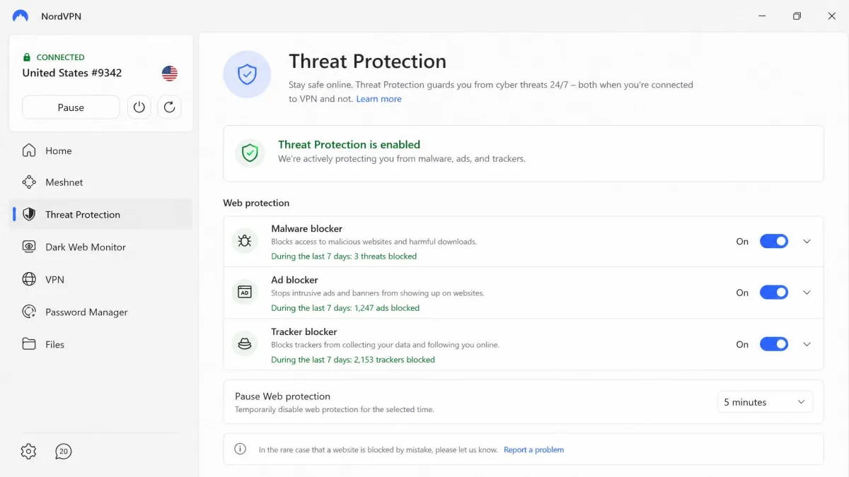 NordVPN's Windows app Threat Protection panel showing malware, ad, and tracker blocking toggles enabled during testing.