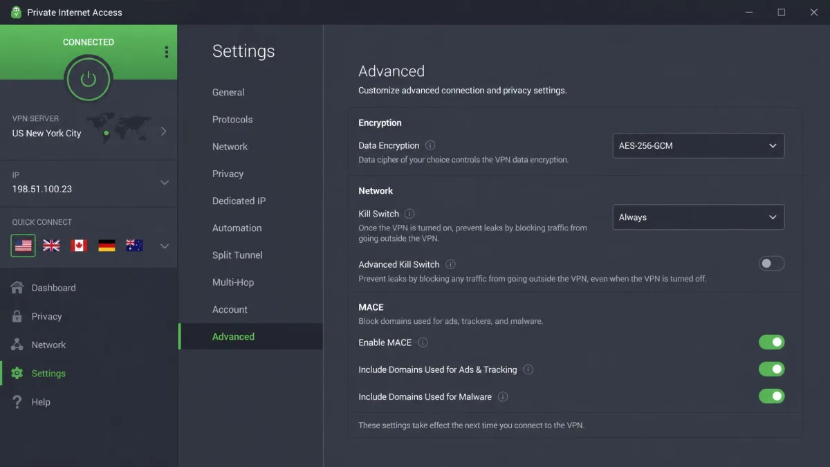 Private Internet Access's Windows app showing the expanded advanced settings panel with encryption cipher, kill switch mode, and MACE options visible.