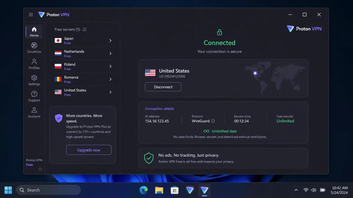Proton VPN's free tier running on Windows, showing the free server list and an unlimited-data connection with no ads.
