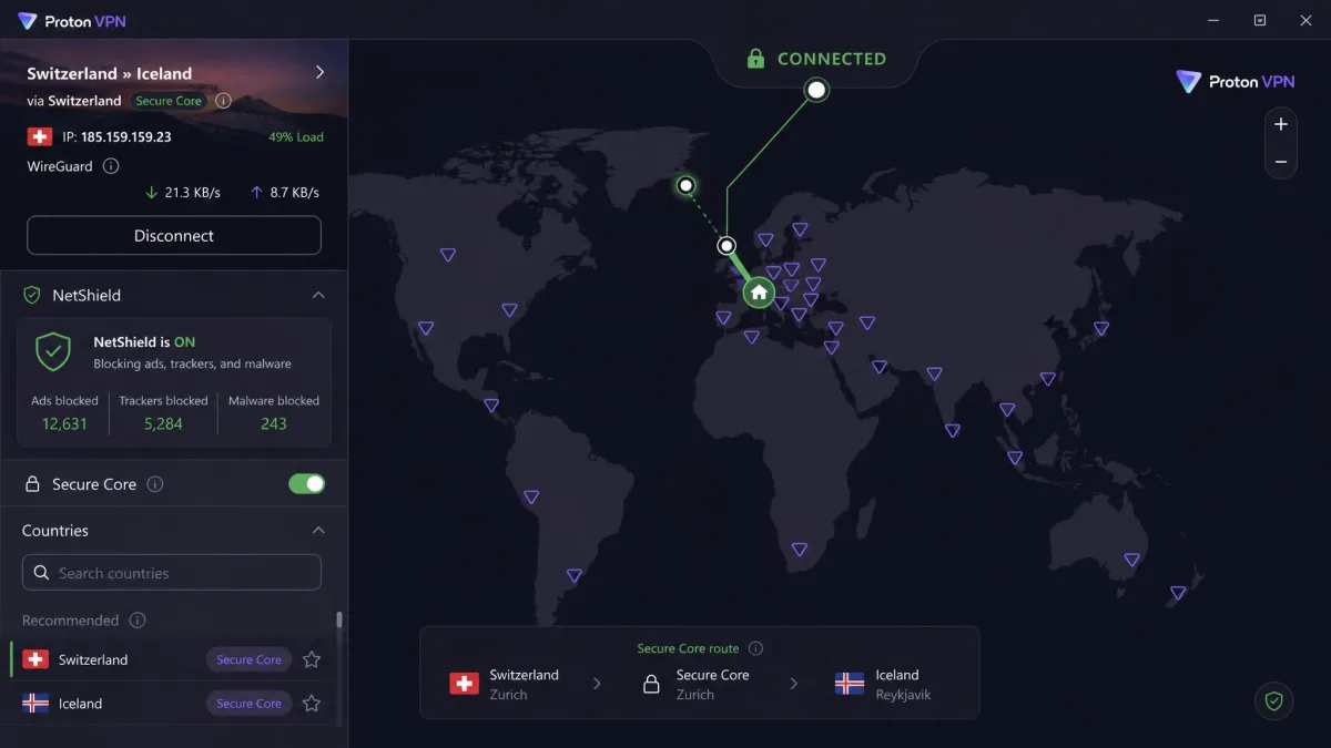 Proton VPN's Windows app showing the Secure Core map view with a connected session and the NetShield ad-blocker status displayed in the panel.