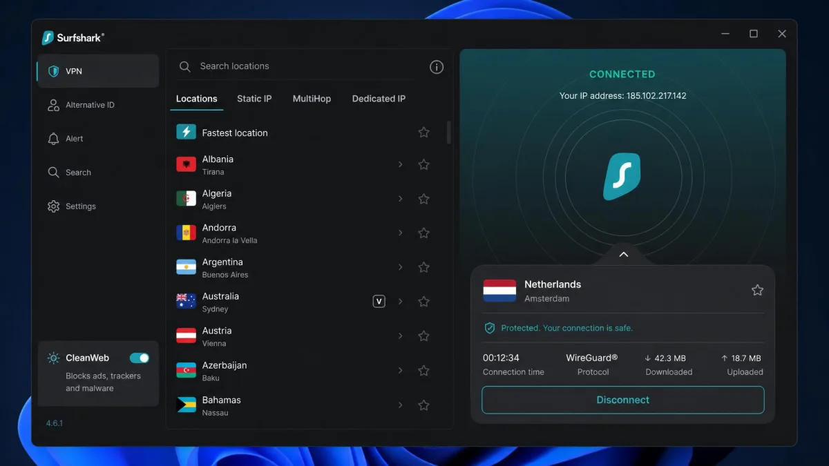 Surfshark's Windows app showing a connected WireGuard session with the server location list open and the CleanWeb feature toggle visible in the sidebar.