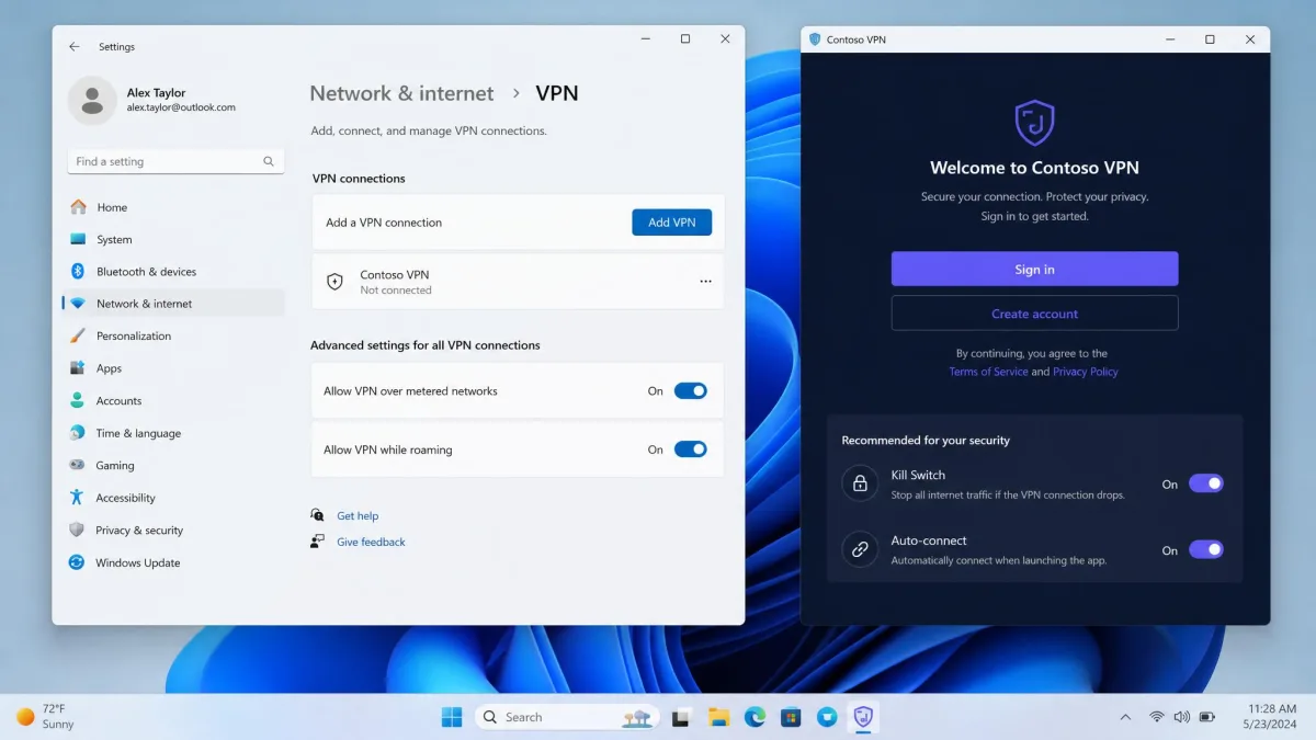 The Windows 11 settings screen next to a VPN app on first launch, showing the sign-in prompt and the recommended kill switch and auto-connect toggles.