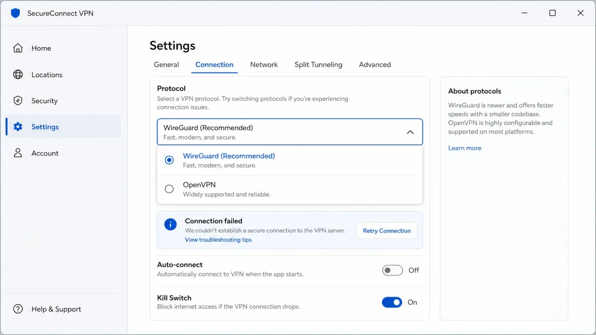 A Windows VPN app settings screen showing the protocol selection menu with WireGuard and OpenVPN options, used to troubleshoot a failed connection.