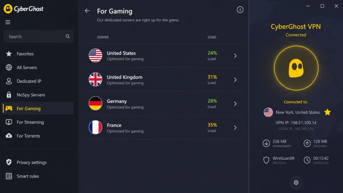 The CyberGhost app showing its dedicated gaming servers category with US, UK, Germany, and France locations listed and load percentages beside each.