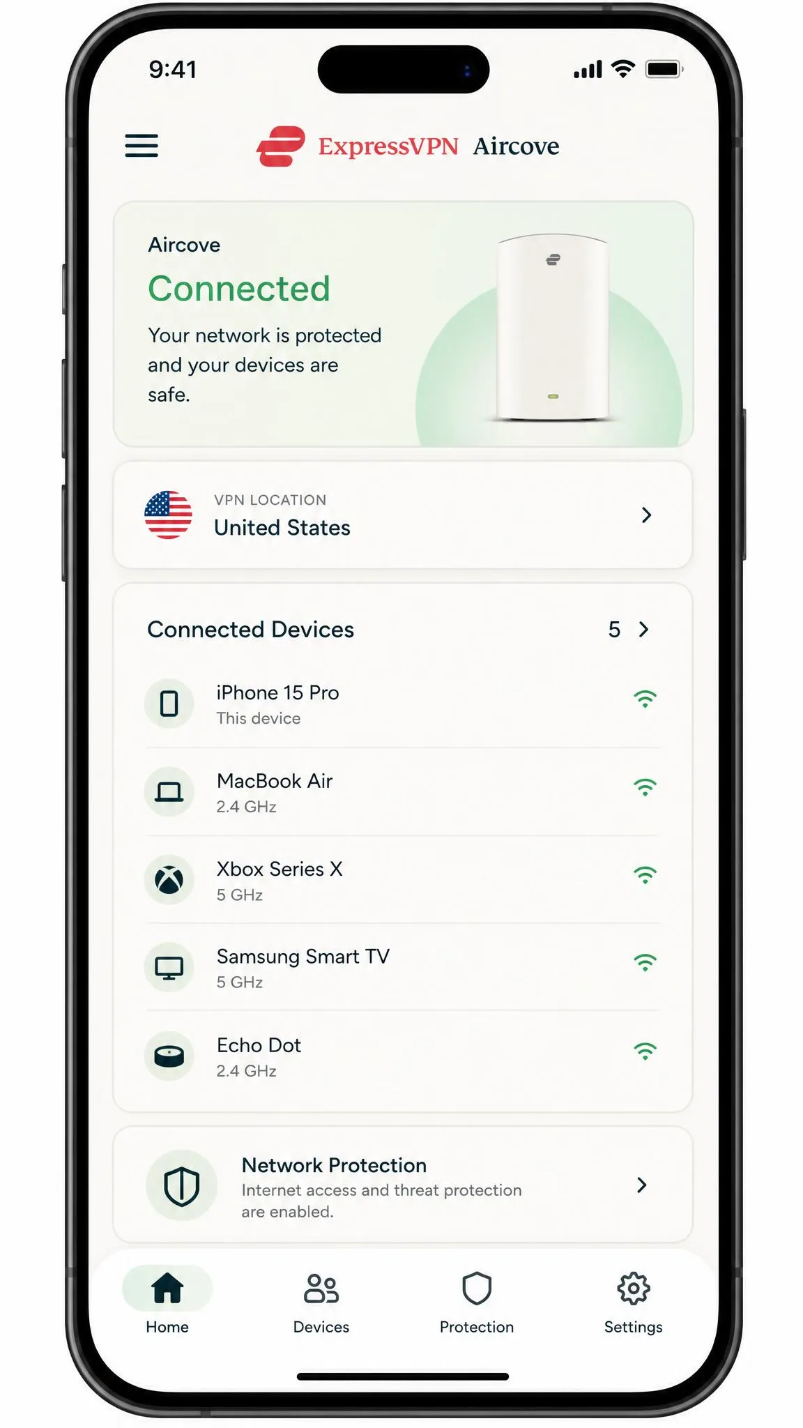 The ExpressVPN Aircove router app dashboard on a phone, showing an Xbox listed among the connected devices with the VPN location set to the United States.