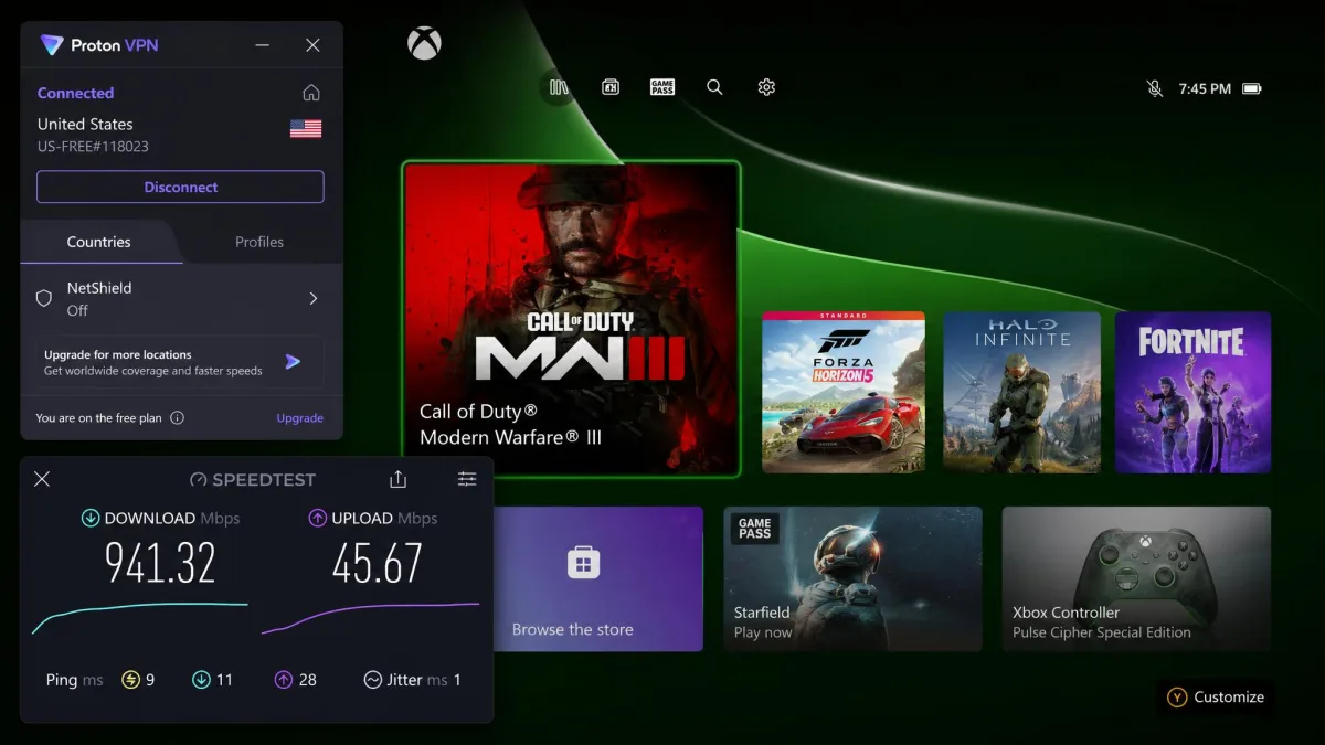 The Proton VPN app connected on its free plan next to an Xbox dashboard, with a speed test showing near-full download speed and a 9ms ping figure.