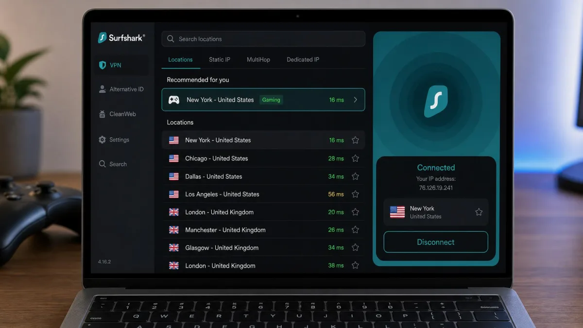 The Surfshark app server list on a laptop showing latency figures beside several US and UK locations, with one low-ping server highlighted for gaming.