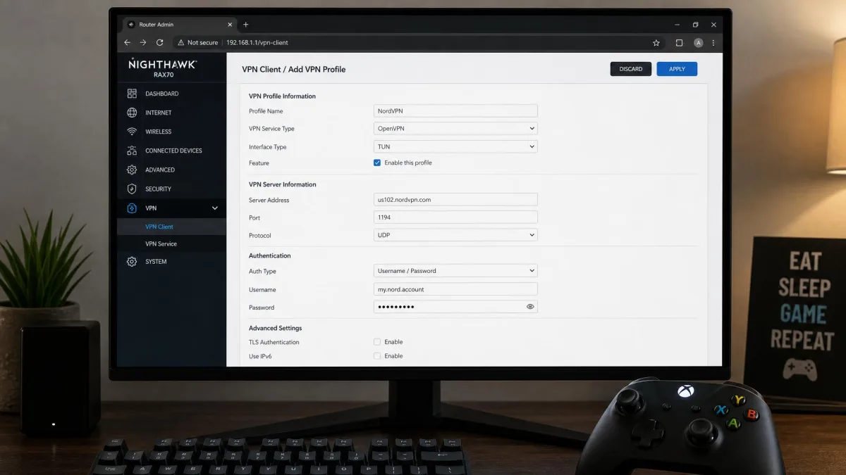 A router administration panel open in a browser showing VPN client configuration fields, with an Xbox controller resting on the desk beside the keyboard.