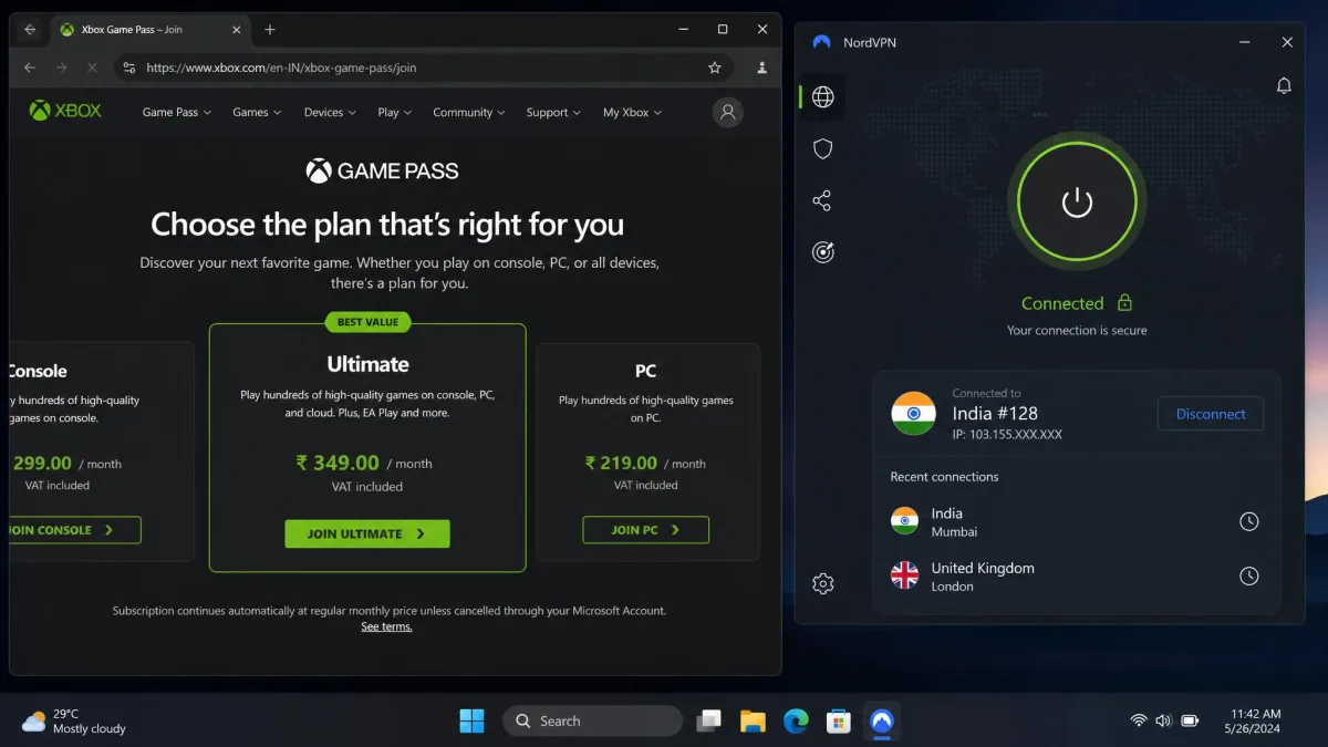 An Xbox Game Pass subscription page displayed with a lower price in a foreign currency, alongside a VPN app connected to a server in that country.