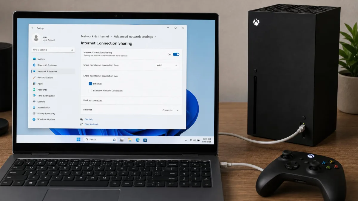 A Windows internet connection sharing settings window open on a laptop, with an Ethernet cable running from the laptop to an Xbox Series X on the same desk.