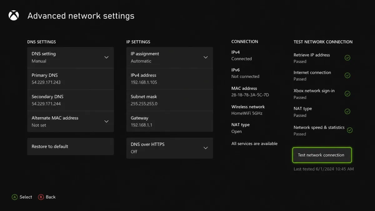 An Xbox advanced network settings screen showing manual DNS entries for a Smart DNS service, with the connection test passing.