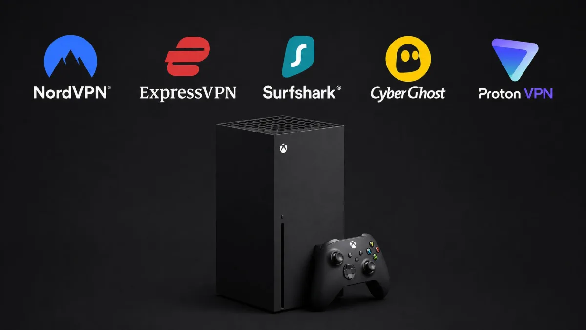 The five VPN logos, NordVPN, ExpressVPN, Surfshark, CyberGhost, and Proton VPN, arranged in a row above an Xbox Series X console.