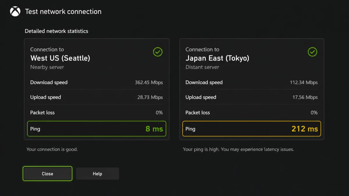 Two side-by-side ping readouts on an Xbox network test, one showing 8ms on a nearby server and one showing over 200ms on a distant international server.