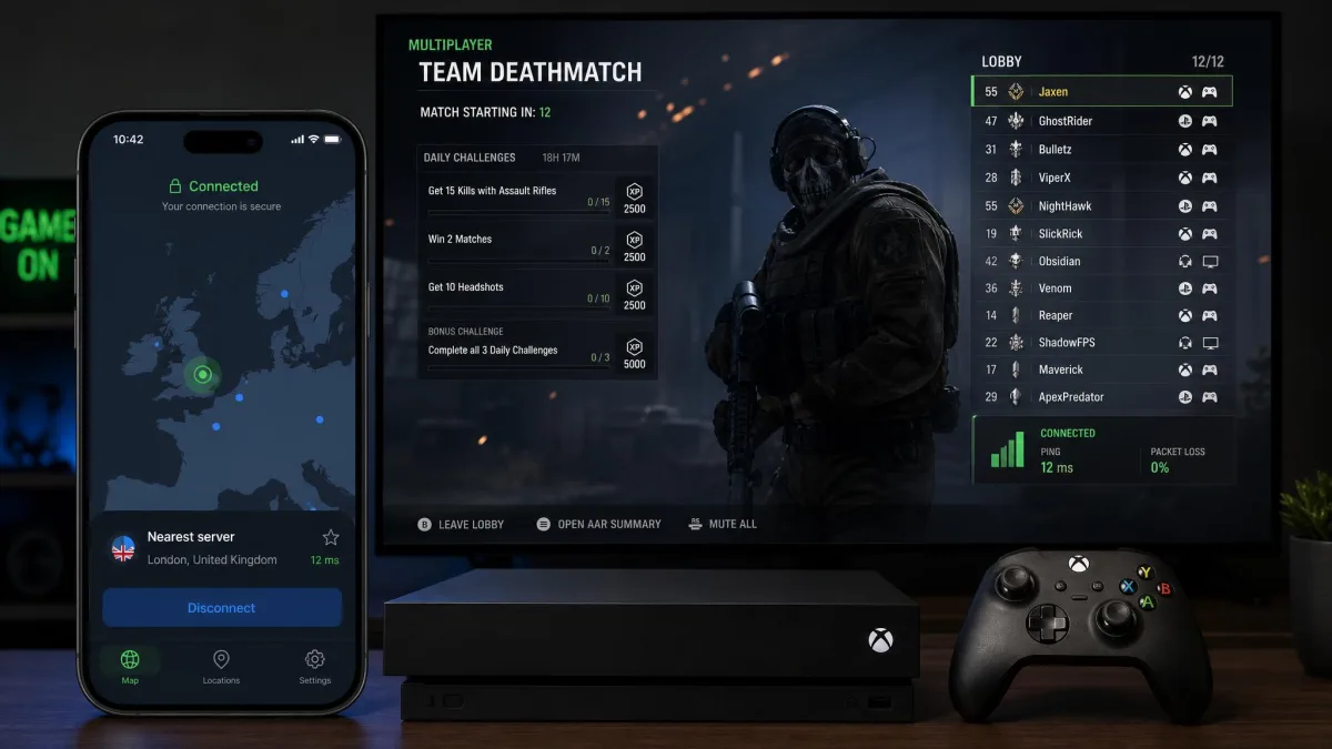 A VPN app map view with the nearest server location selected, next to an Xbox showing a stable low-ping connection in a multiplayer lobby.