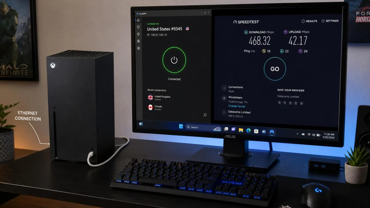 An Xbox Series X connected by Ethernet to a Windows PC running a VPN app, with a speed-test result and ping figure displayed on the monitor beside the console.