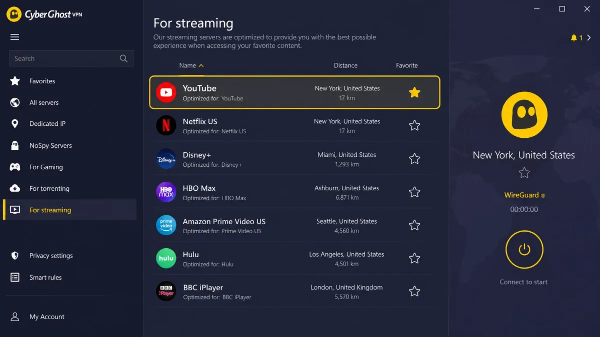The CyberGhost app showing its streaming category with a server labeled for YouTube highlighted, ready to connect for unblocking the platform.