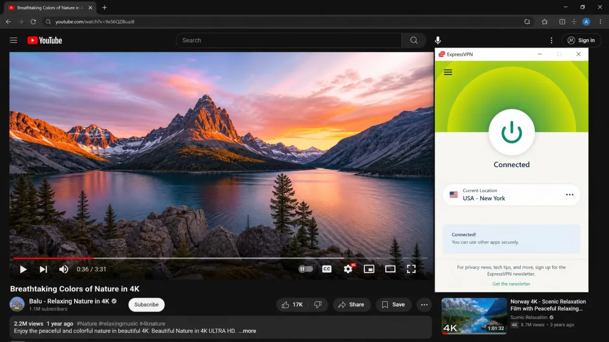 The ExpressVPN app showing its single large connect button after joining a US server, with a 4K YouTube video playing smoothly in the background.