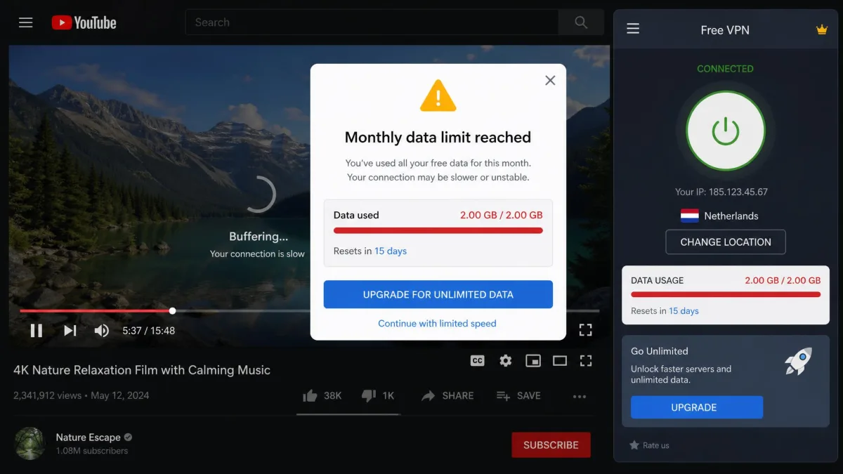 A free VPN app displaying a monthly data-cap warning mid-stream, showing why free services struggle with regular YouTube viewing.