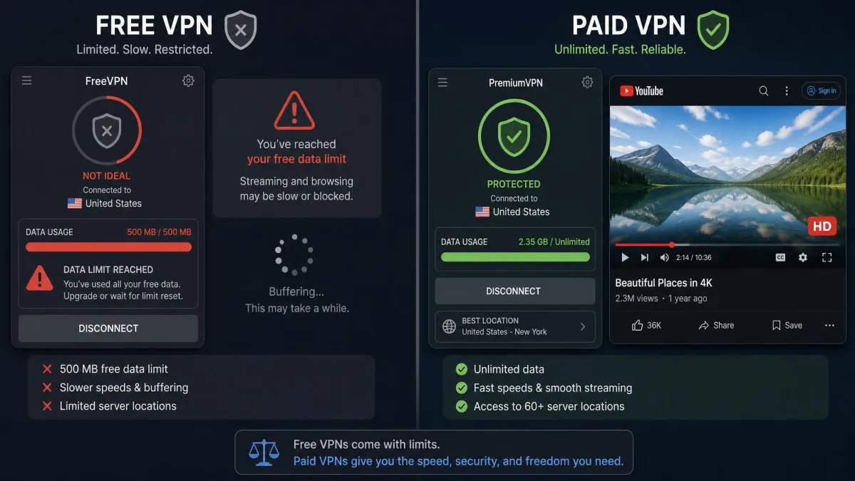 A side-by-side view of a free VPN with a data-limit warning and a paid VPN streaming YouTube in HD, illustrating the trade-offs of free services.