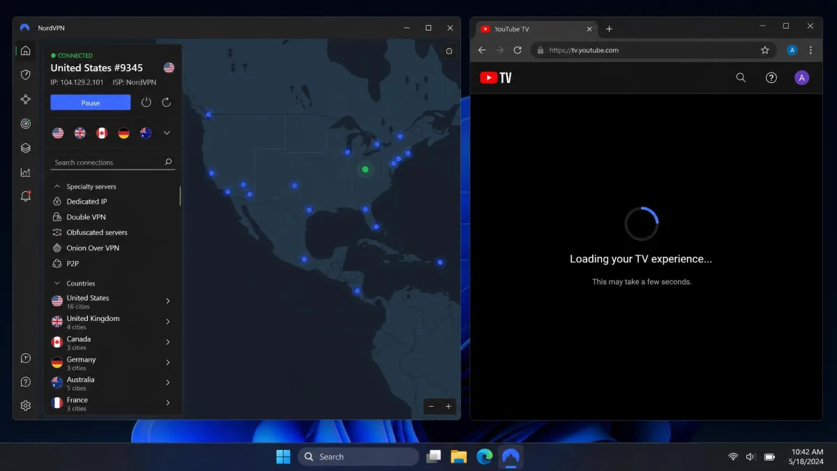 The NordVPN desktop app connected to a US city server with a YouTube TV feed loading in an adjacent browser window, showing the quick-connect map and server list.