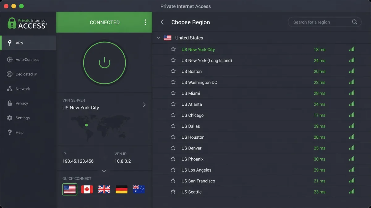 The Private Internet Access app showing its US region list expanded to individual cities, illustrating the city-level server selection useful for YouTube TV.