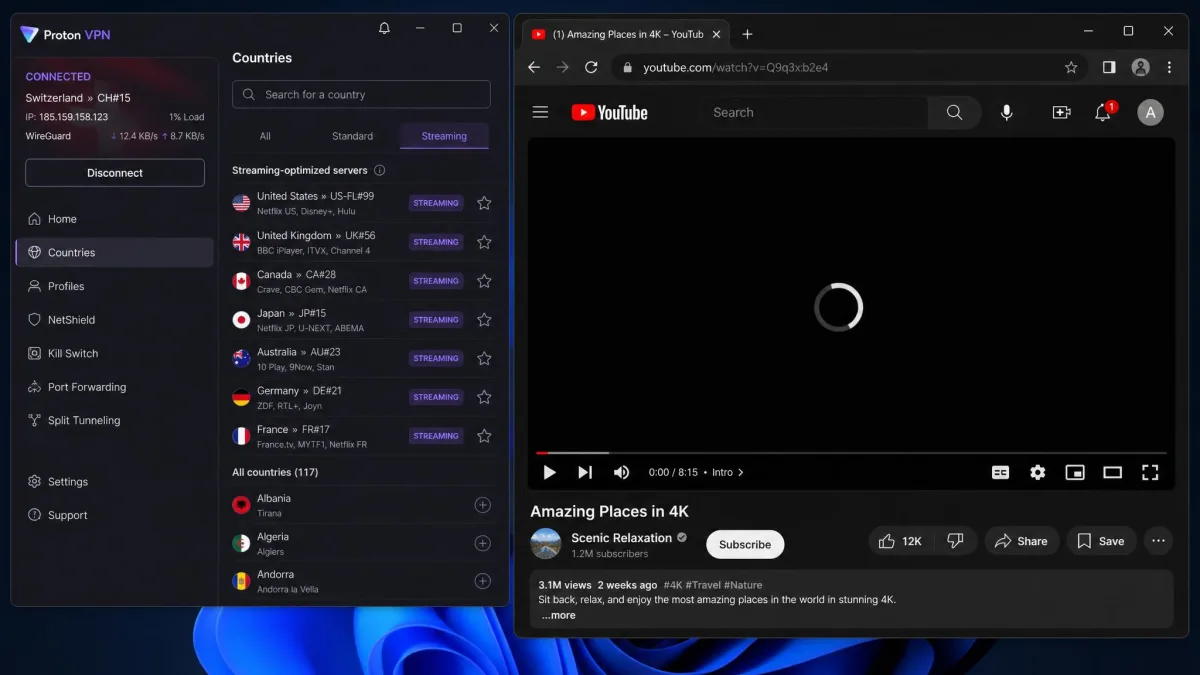 The Proton VPN app displaying its server list with streaming-optimized servers clearly marked, next to a YouTube video loading in a browser.