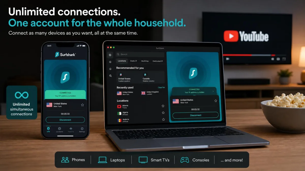 The Surfshark app open on a phone and a laptop side by side, both connected at once, illustrating unlimited simultaneous connections for a household streaming YouTube.